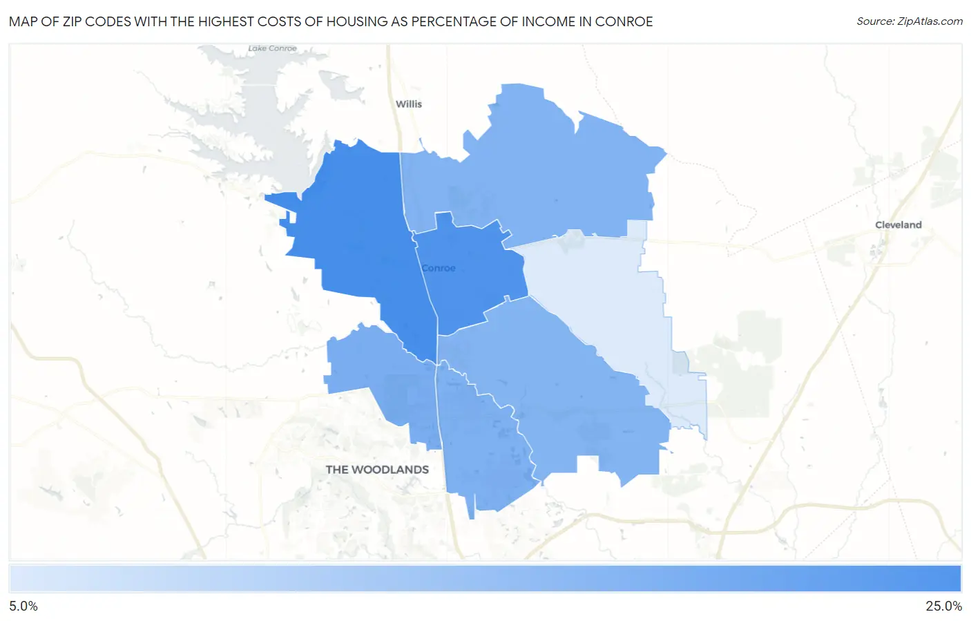 Zip Codes with the Highest Costs of Housing as Percentage of Income in Conroe Map