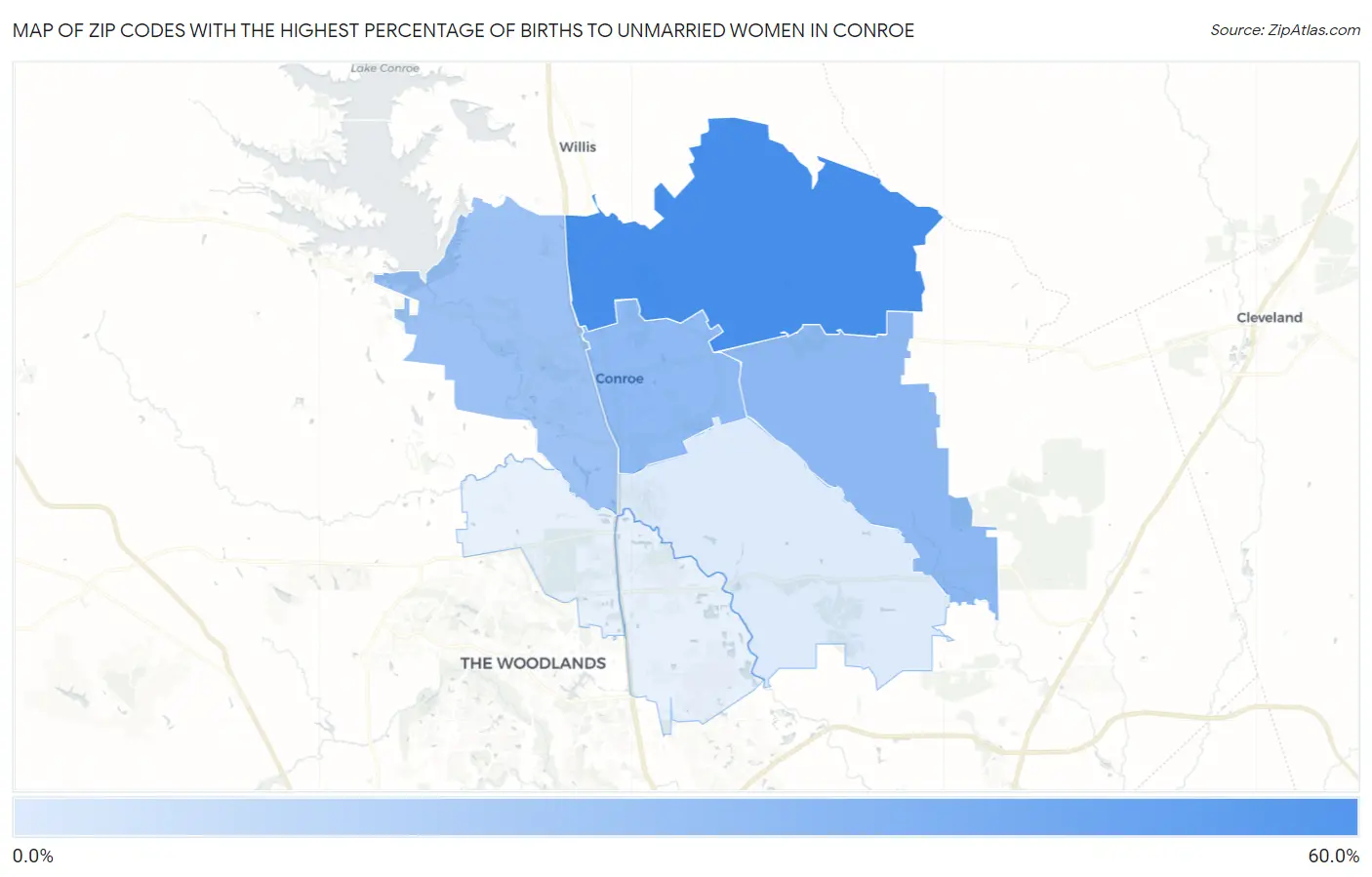 Zip Codes with the Highest Percentage of Births to Unmarried Women in Conroe Map
