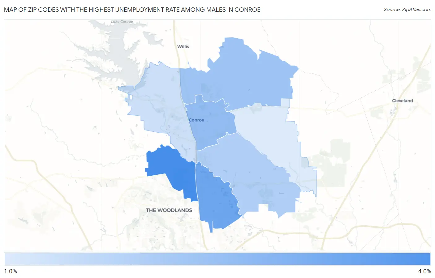 Zip Codes with the Highest Unemployment Rate Among Males in Conroe Map