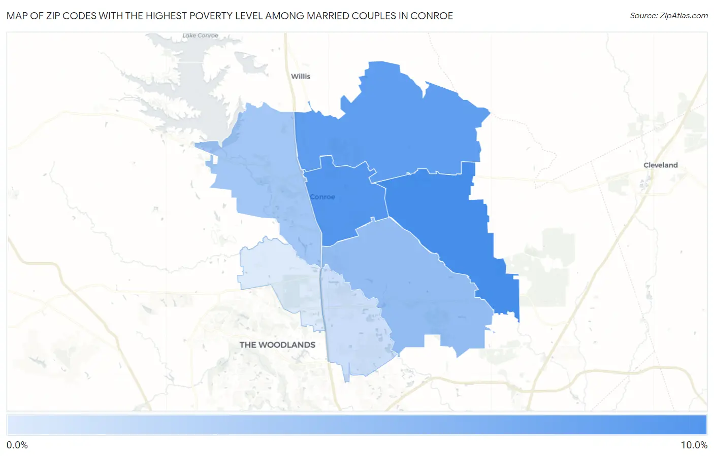 Zip Codes with the Highest Poverty Level Among Married Couples in Conroe Map
