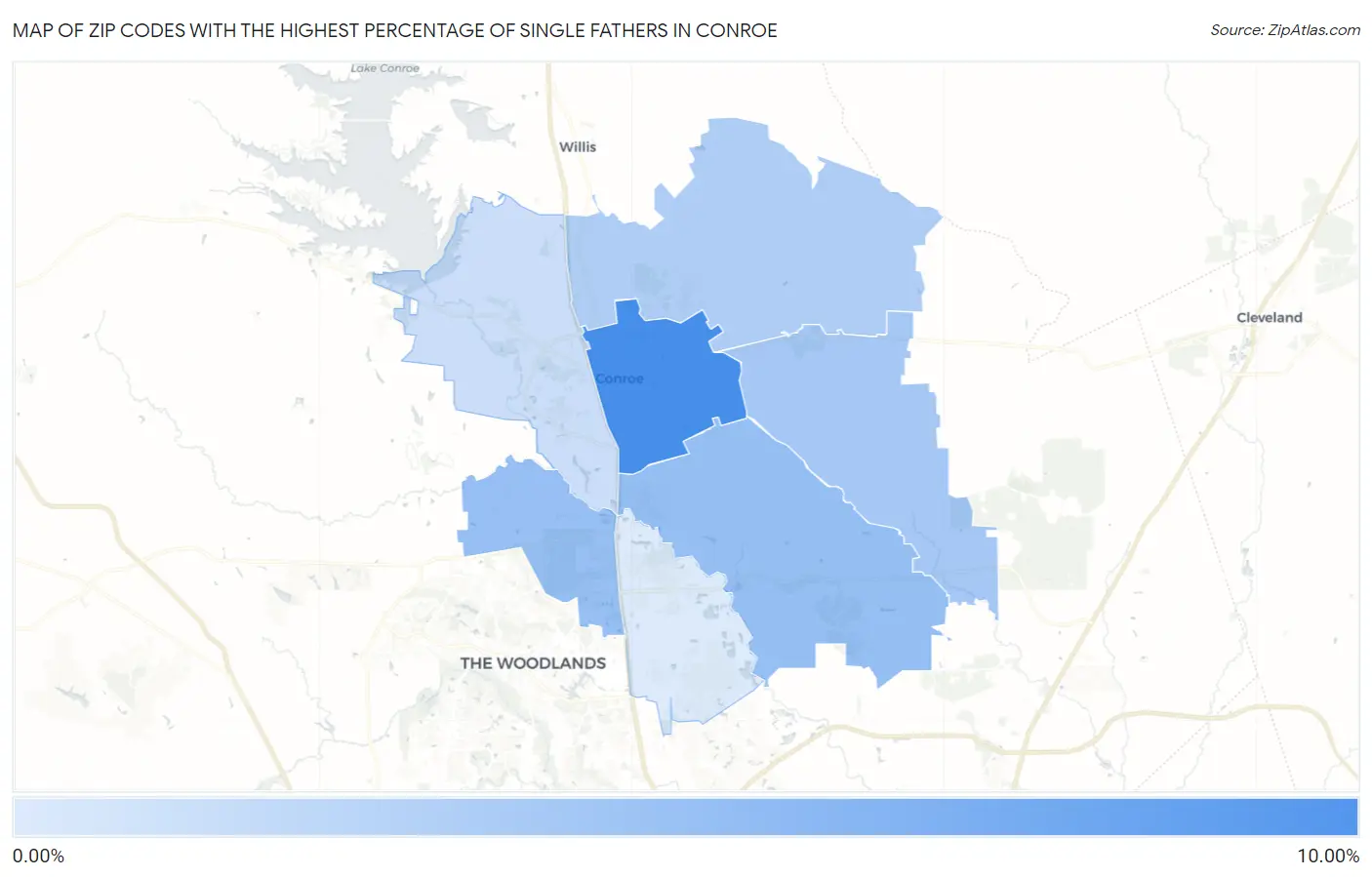 Zip Codes with the Highest Percentage of Single Fathers in Conroe Map