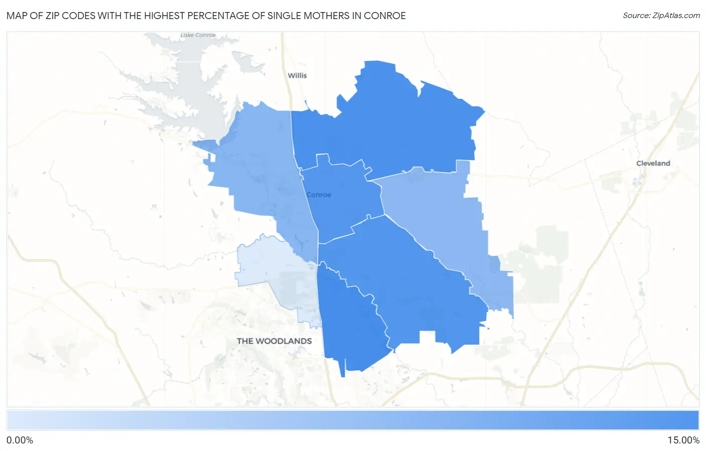 Zip Codes with the Highest Percentage of Single Mothers in Conroe Map