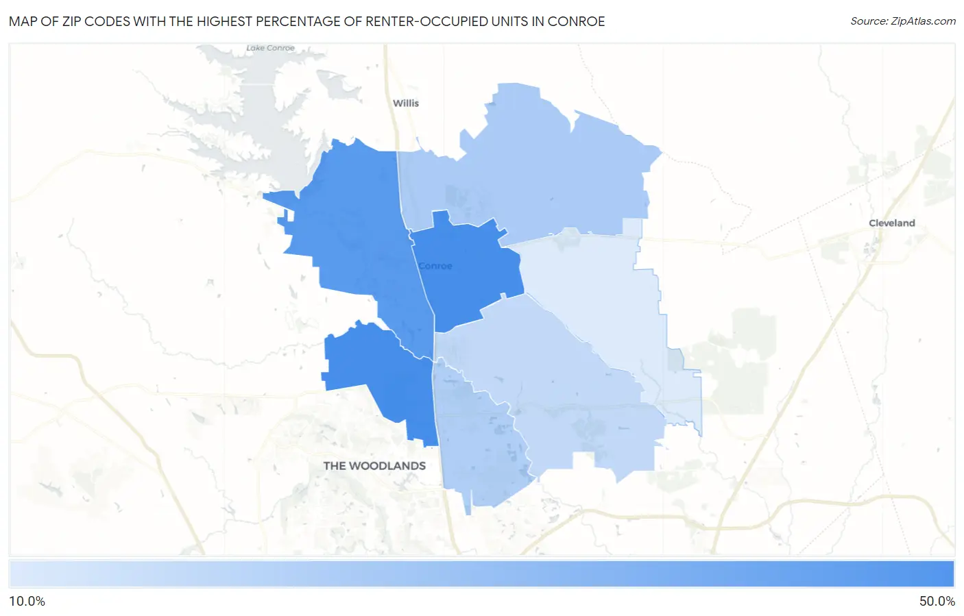 Zip Codes with the Highest Percentage of Renter-Occupied Units in Conroe Map