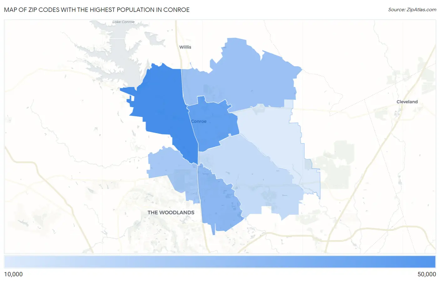 Zip Codes with the Highest Population in Conroe Map