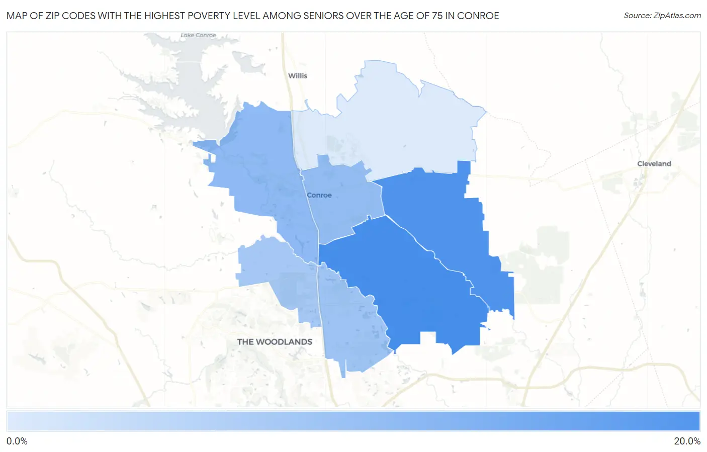 Zip Codes with the Highest Poverty Level Among Seniors Over the Age of 75 in Conroe Map