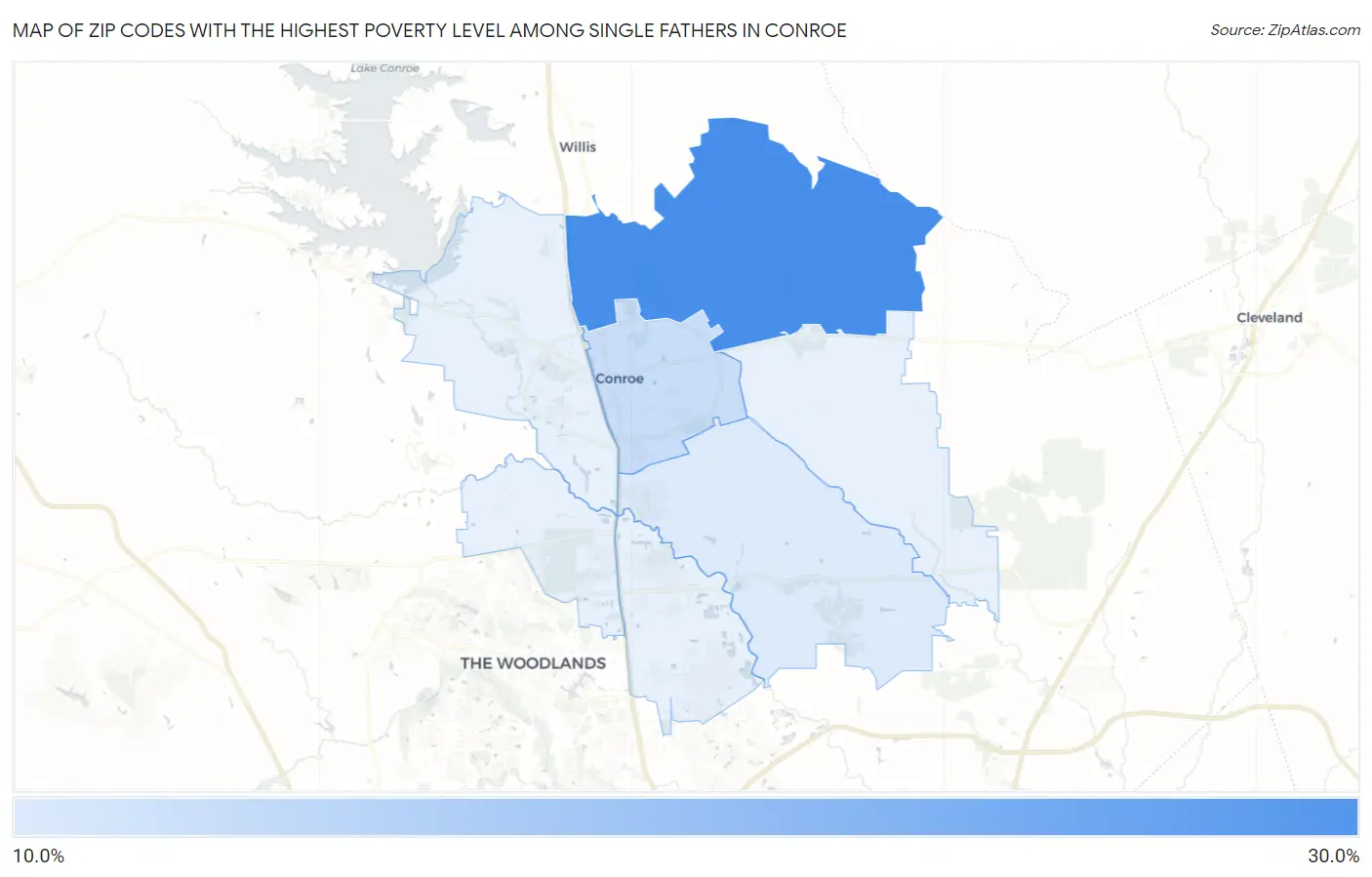 Zip Codes with the Highest Poverty Level Among Single Fathers in Conroe Map