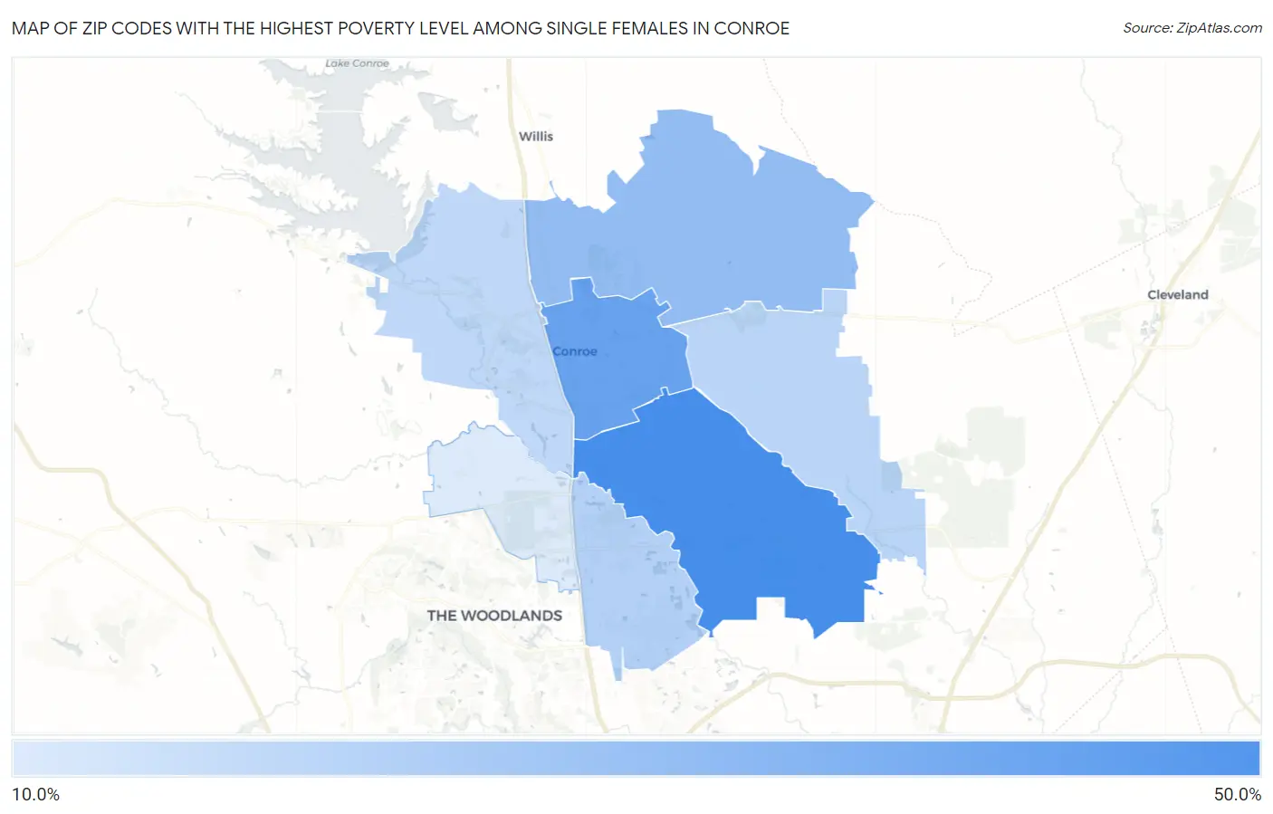 Zip Codes with the Highest Poverty Level Among Single Females in Conroe Map