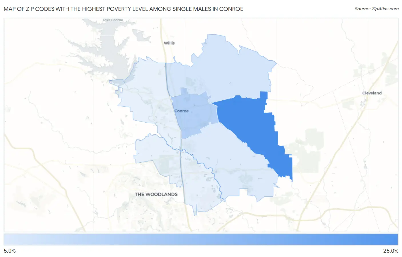 Zip Codes with the Highest Poverty Level Among Single Males in Conroe Map