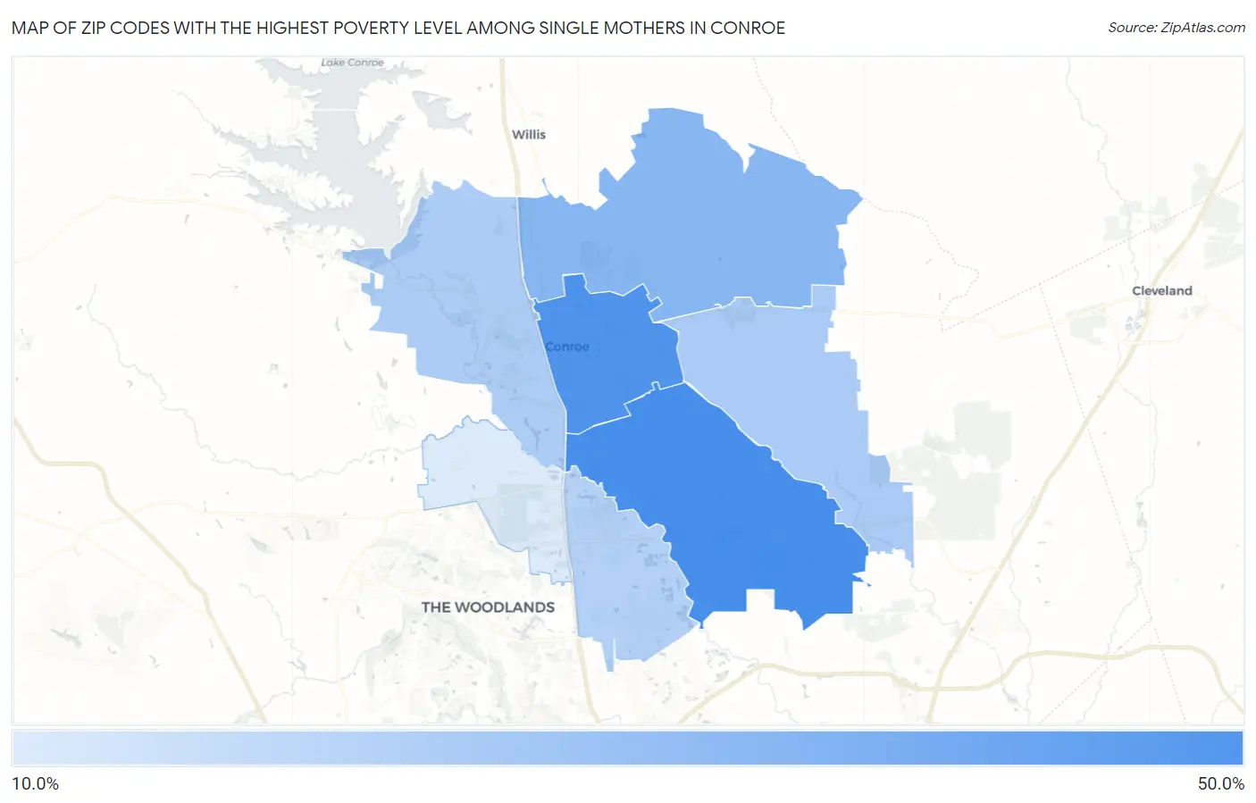 Zip Codes with the Highest Poverty Level Among Single Mothers in Conroe Map