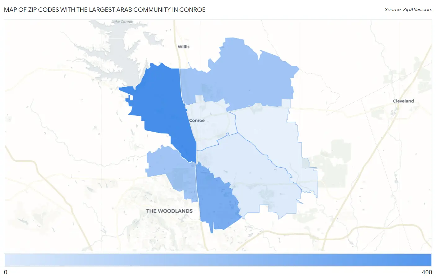 Zip Codes with the Largest Arab Community in Conroe Map