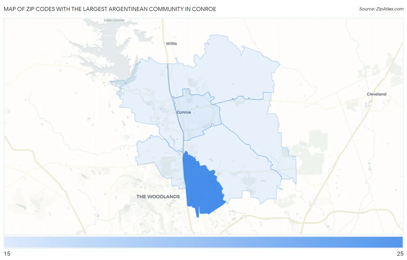 Zip Codes with the Largest Argentinean Community in Conroe Map
