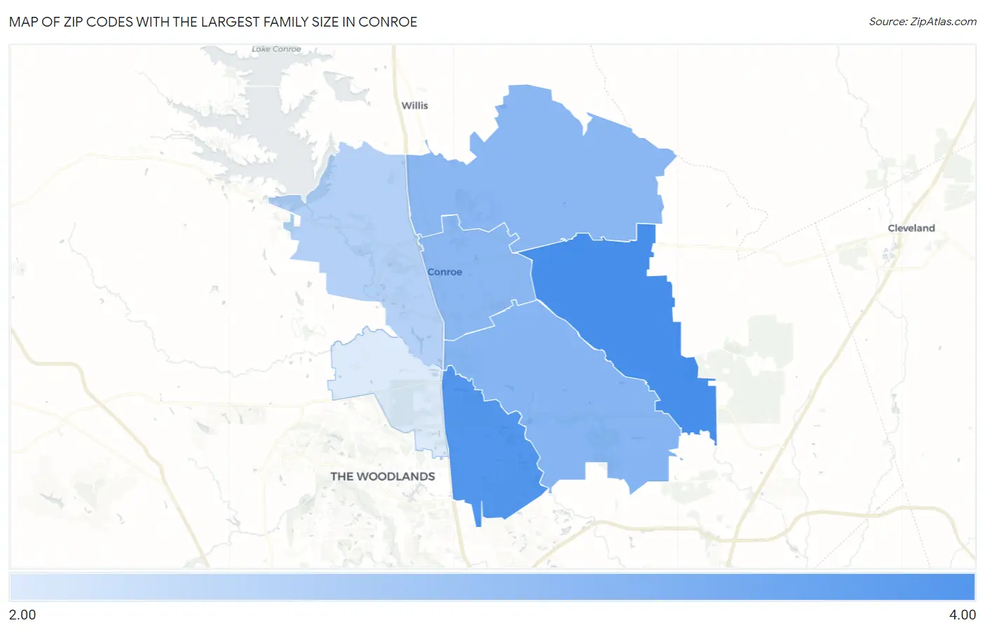Zip Codes with the Largest Family Size in Conroe Map