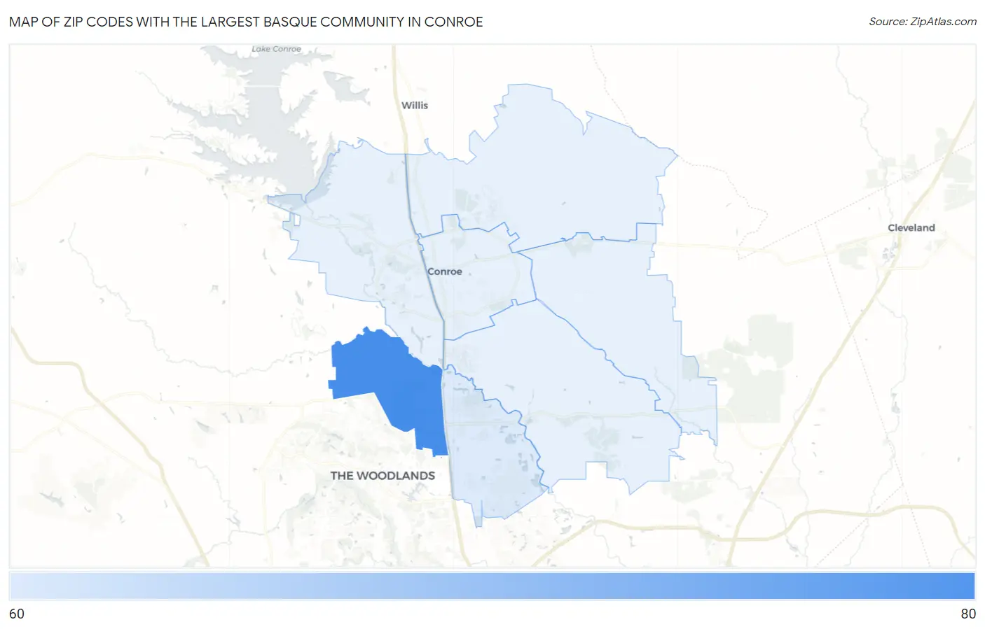 Zip Codes with the Largest Basque Community in Conroe Map