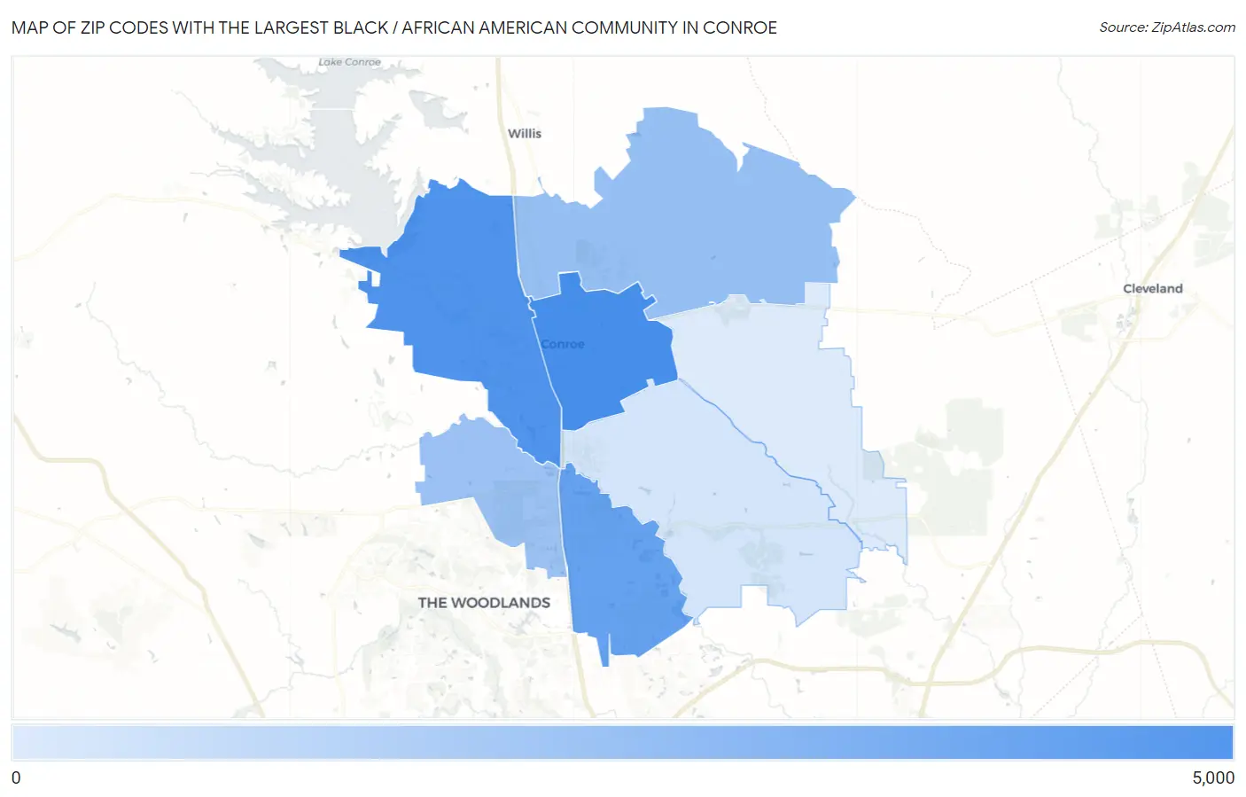 Zip Codes with the Largest Black / African American Community in Conroe Map