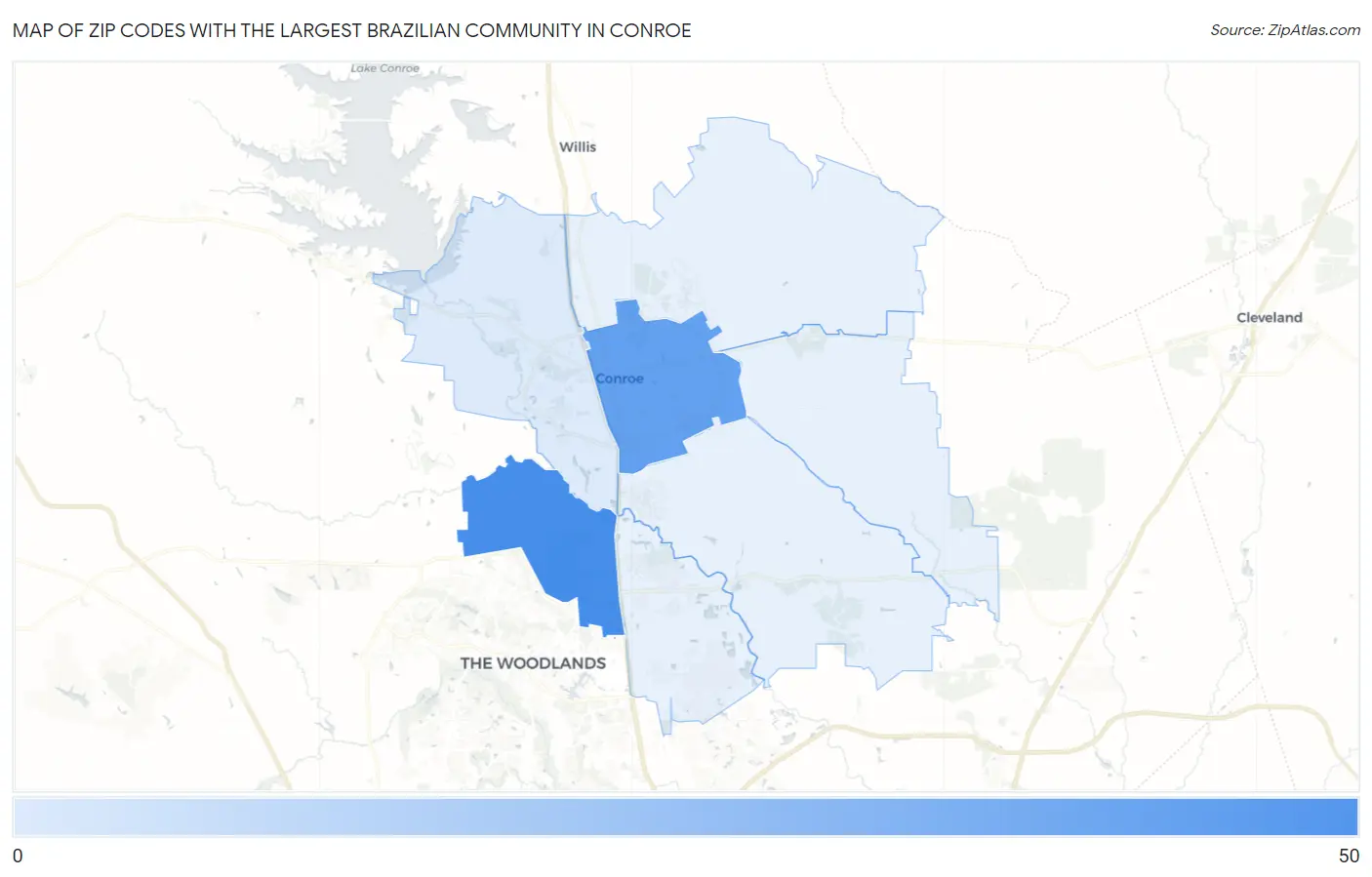 Zip Codes with the Largest Brazilian Community in Conroe Map