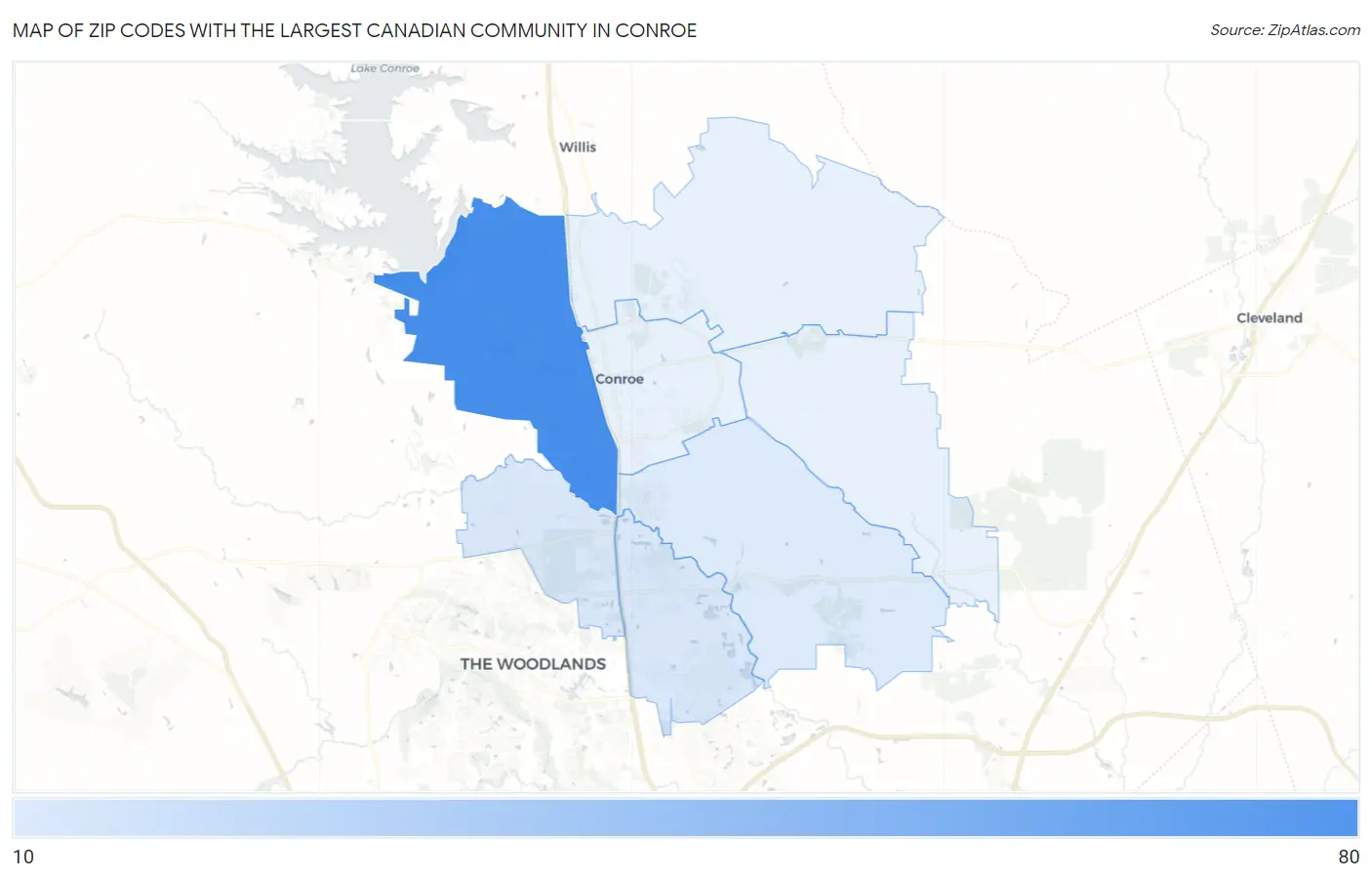 Zip Codes with the Largest Canadian Community in Conroe Map