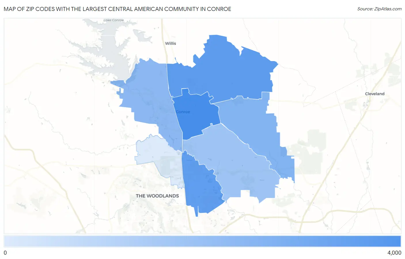 Zip Codes with the Largest Central American Community in Conroe Map
