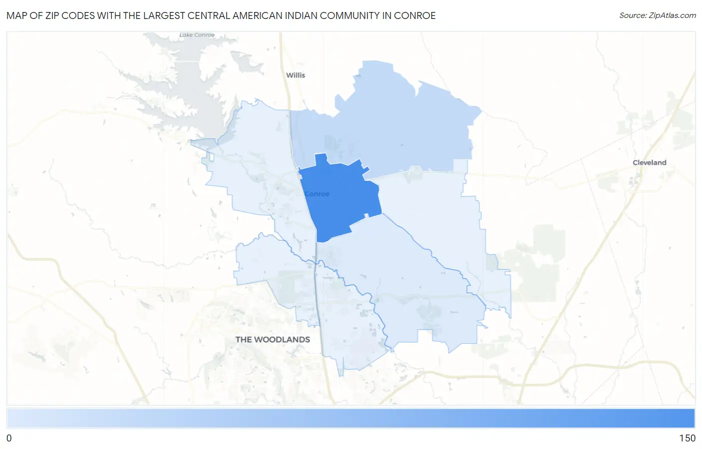 Zip Codes with the Largest Central American Indian Community in Conroe Map
