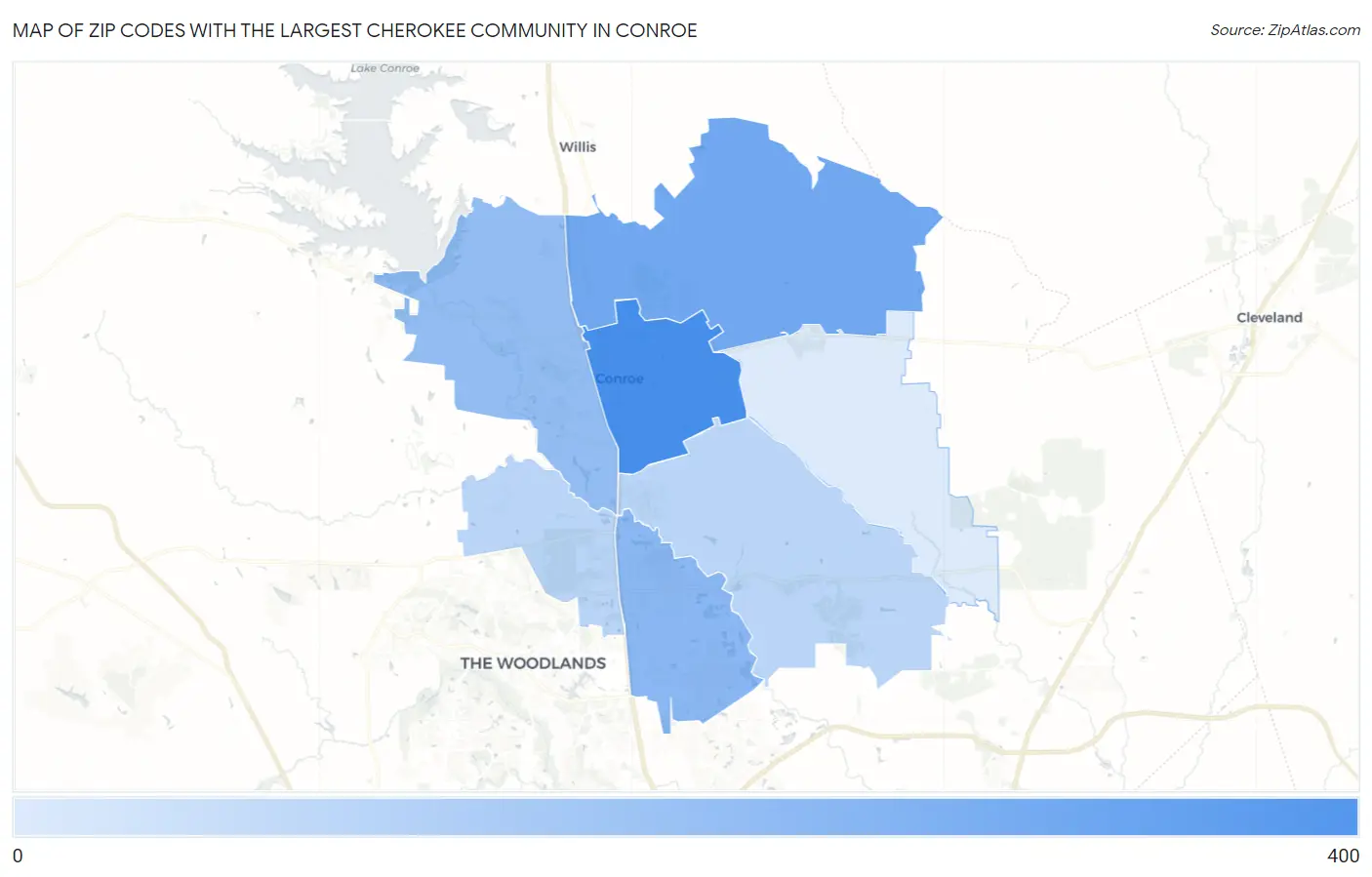 Zip Codes with the Largest Cherokee Community in Conroe Map