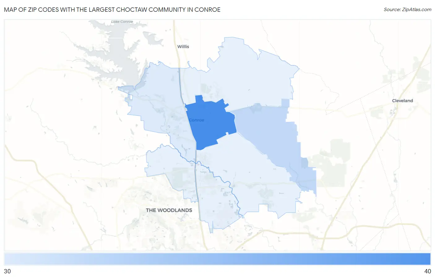 Zip Codes with the Largest Choctaw Community in Conroe Map