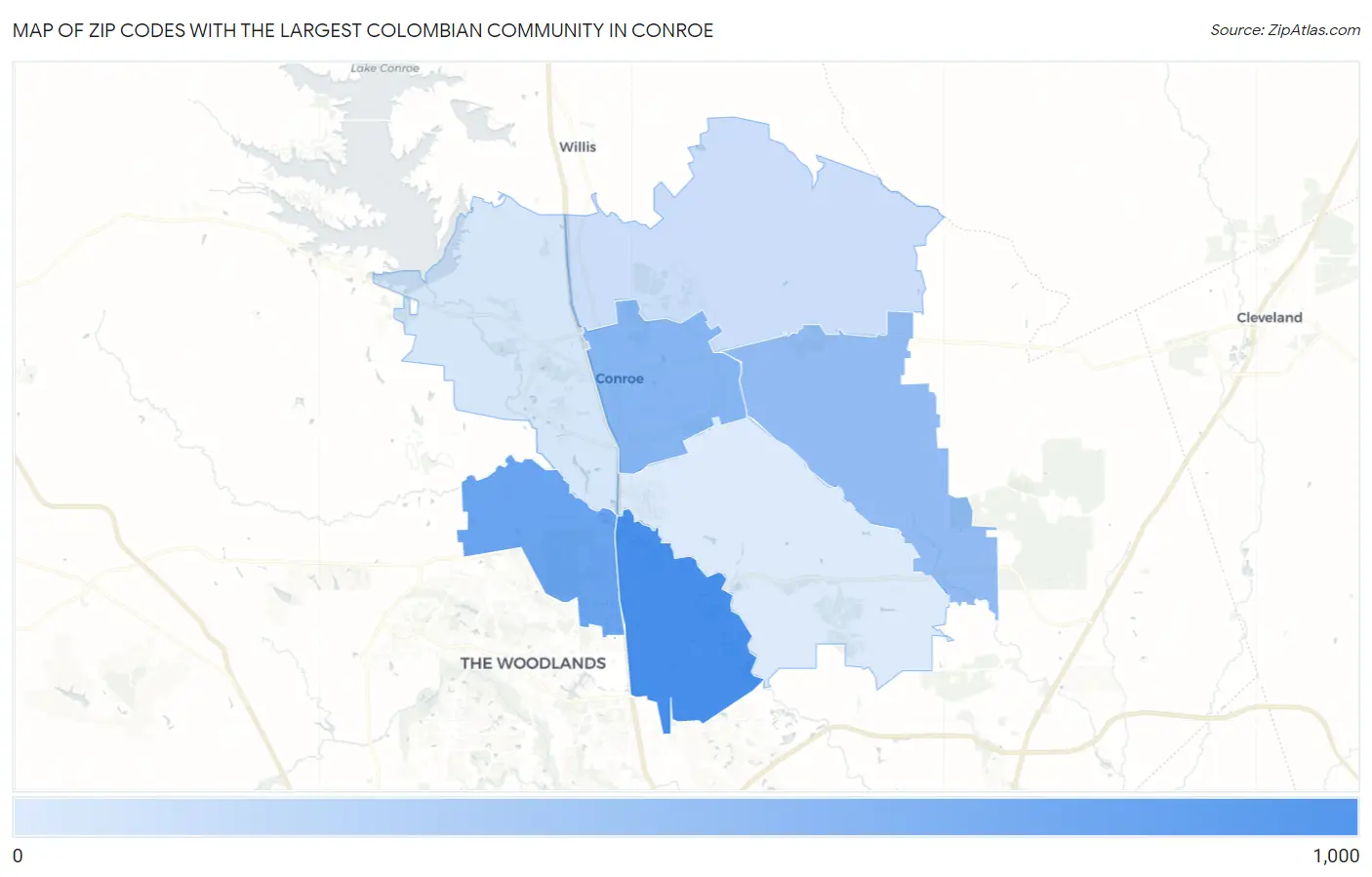 Zip Codes with the Largest Colombian Community in Conroe Map