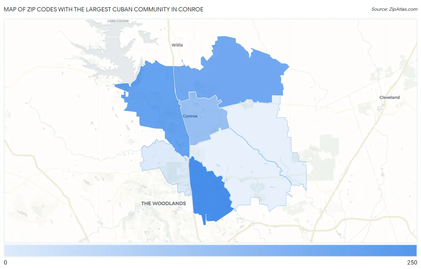 Zip Codes with the Largest Cuban Community in Conroe Map