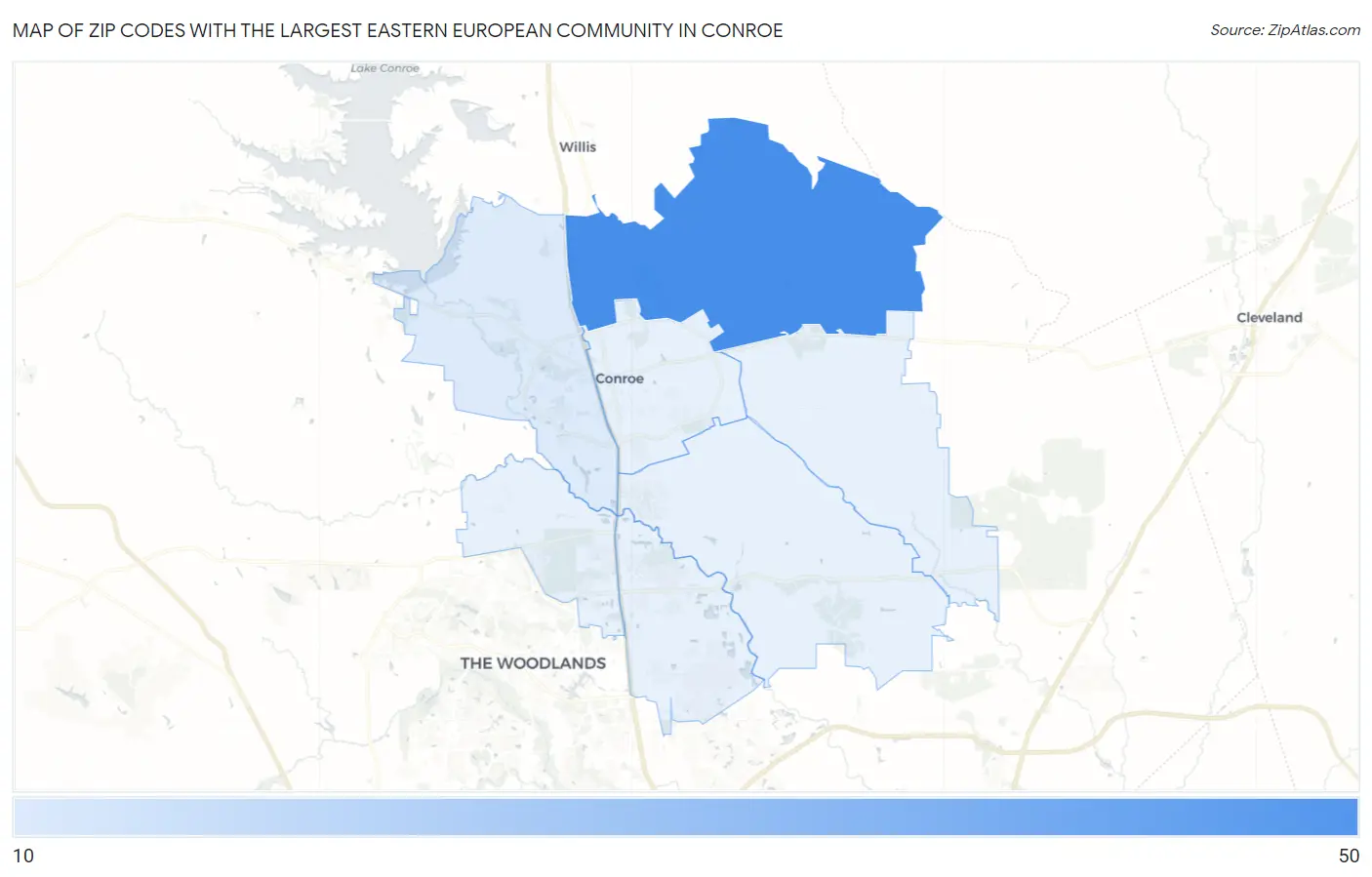Zip Codes with the Largest Eastern European Community in Conroe Map