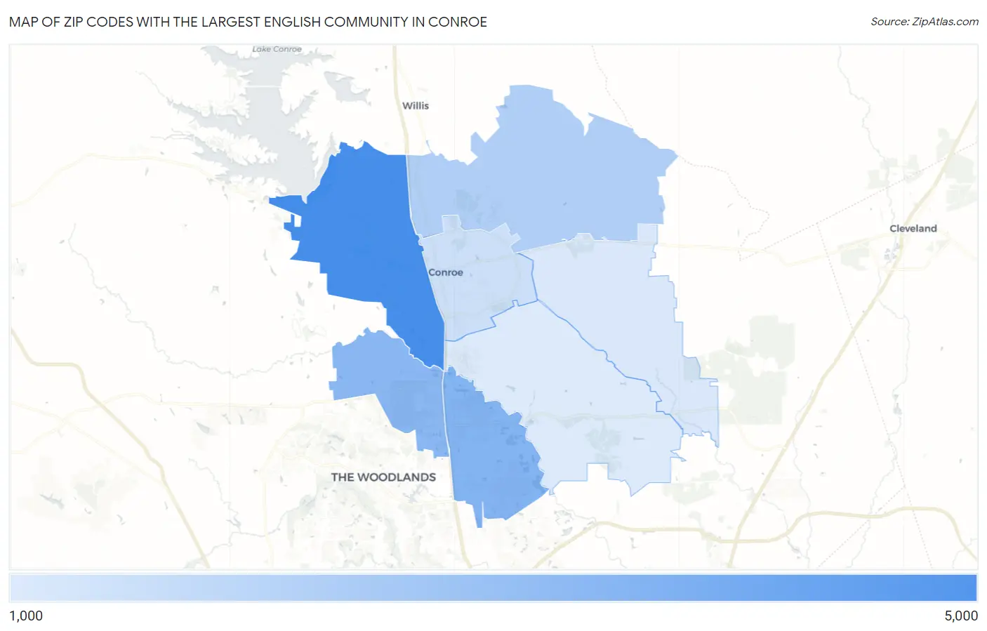 Zip Codes with the Largest English Community in Conroe Map