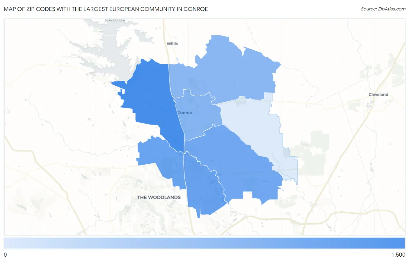 Zip Codes with the Largest European Community in Conroe Map