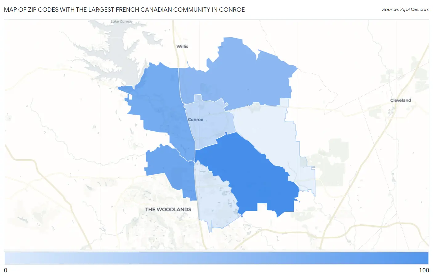 Zip Codes with the Largest French Canadian Community in Conroe Map