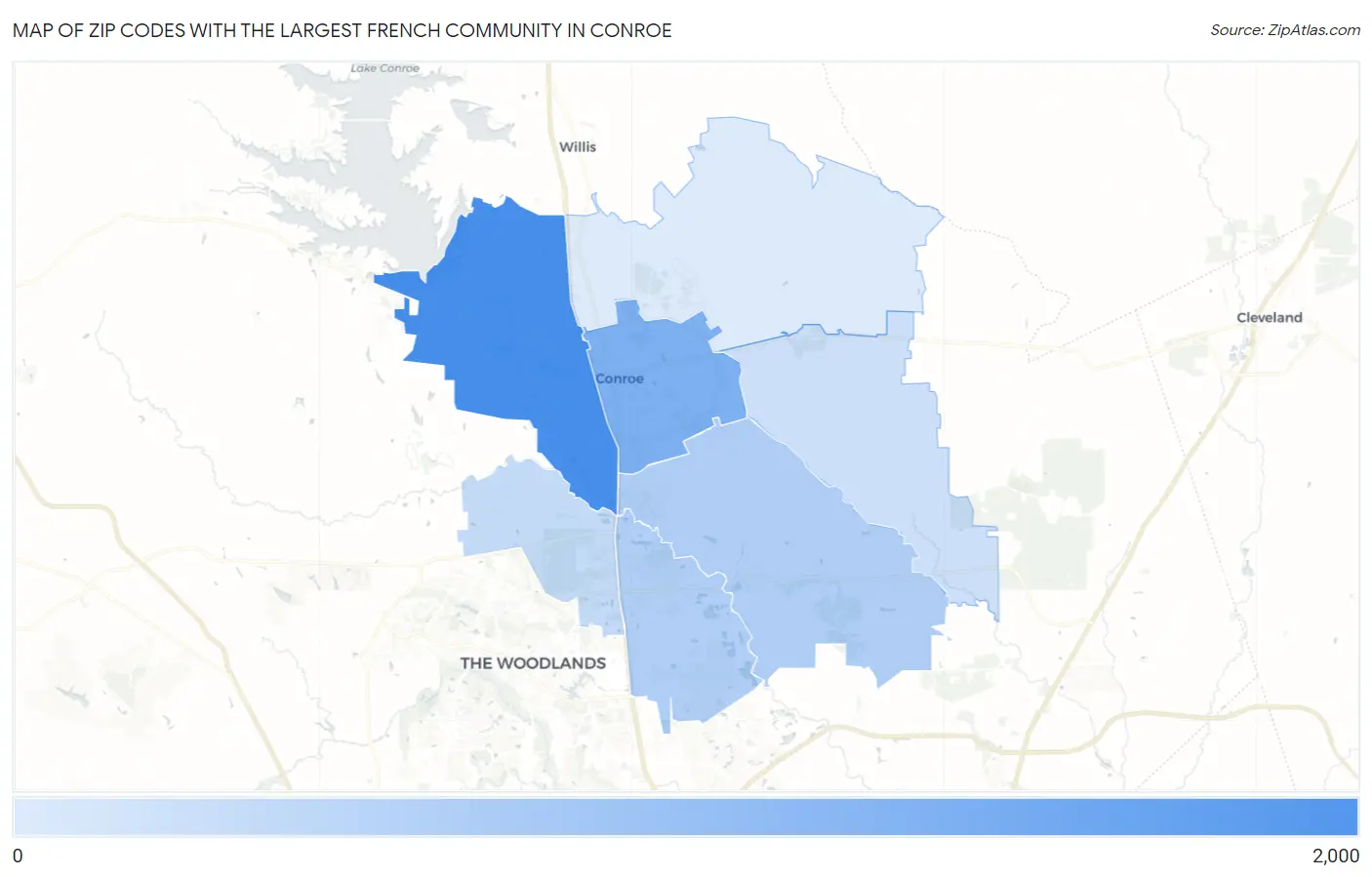 Zip Codes with the Largest French Community in Conroe Map