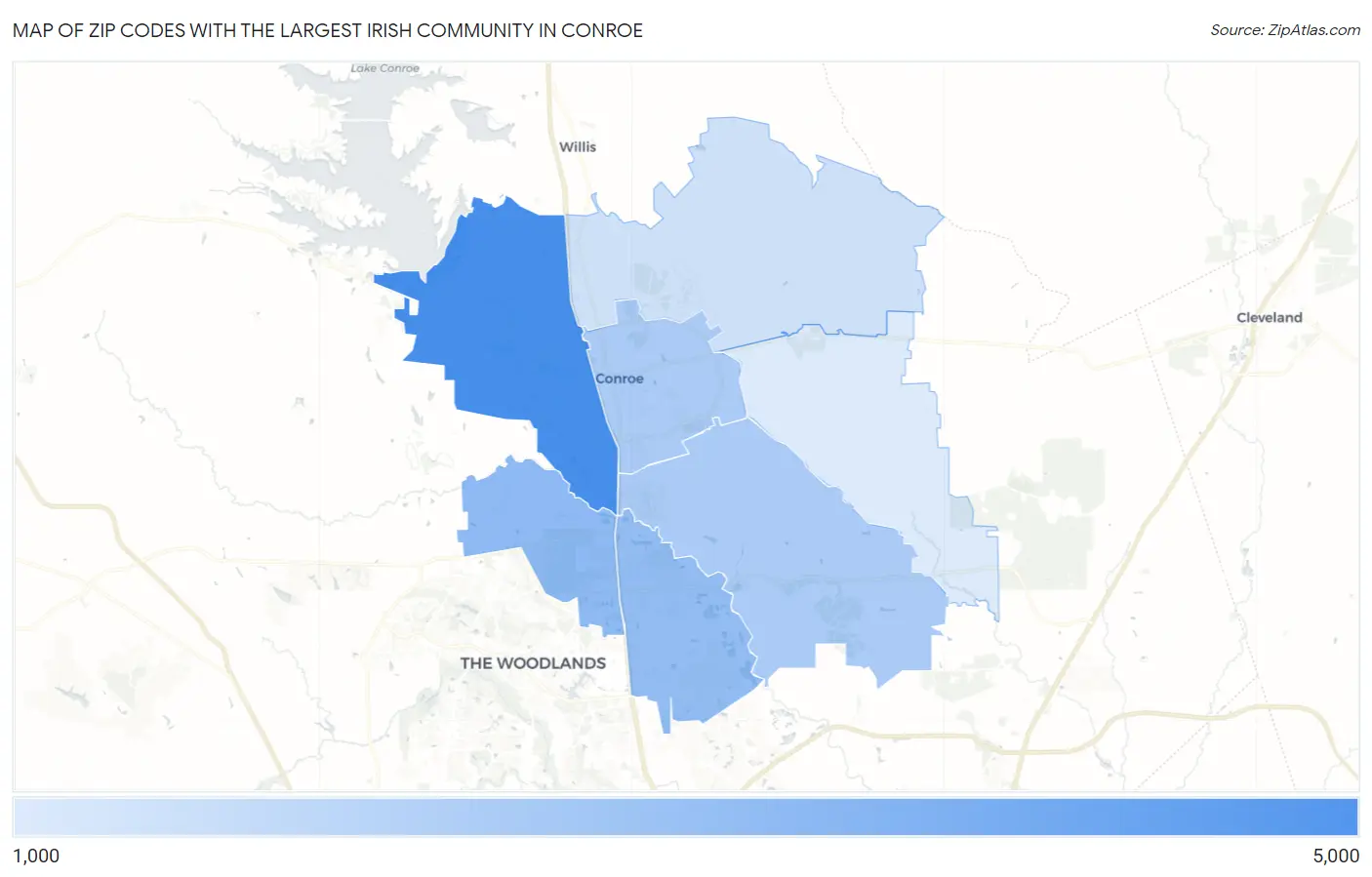 Zip Codes with the Largest Irish Community in Conroe Map