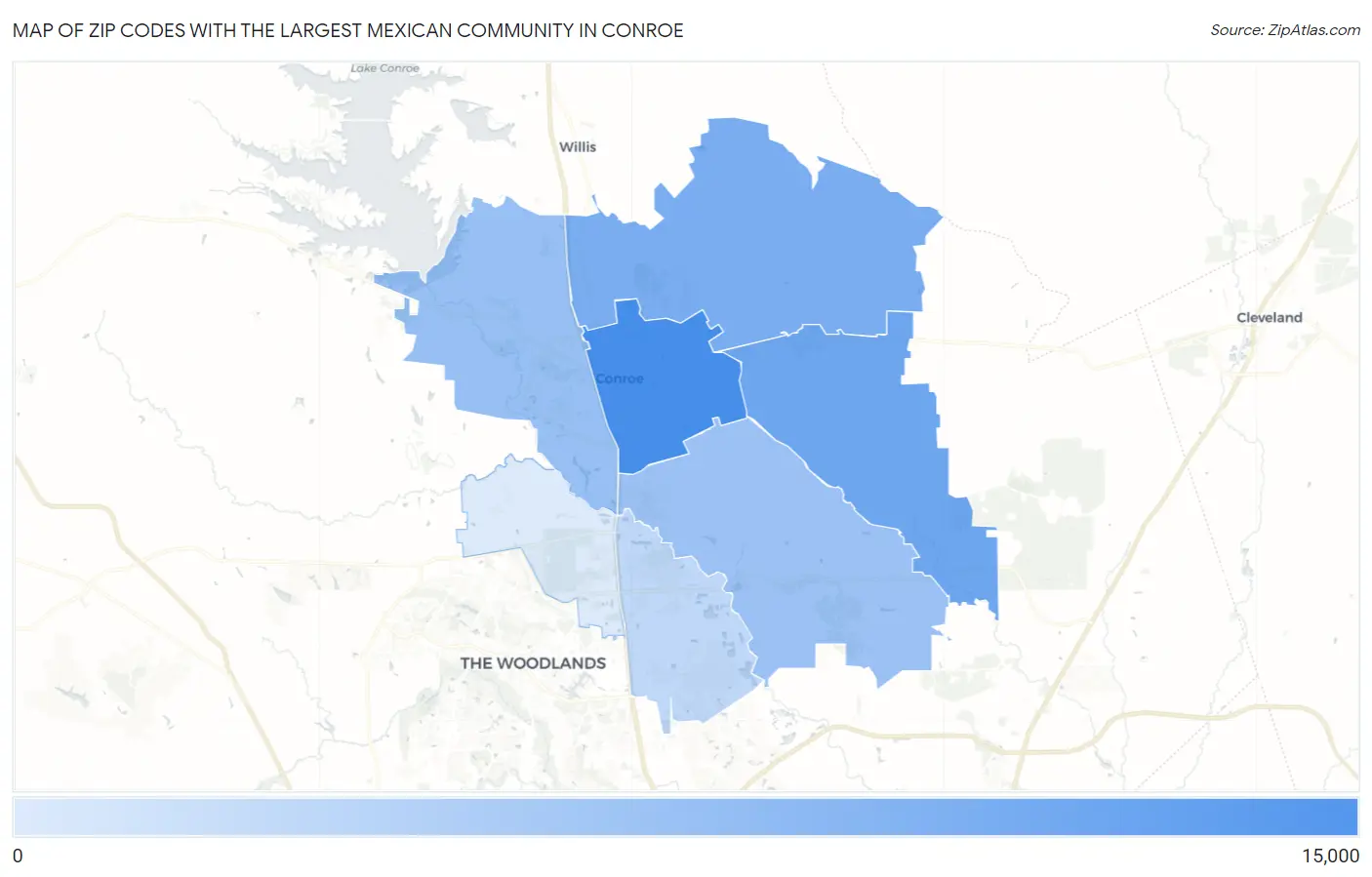 Zip Codes with the Largest Mexican Community in Conroe Map