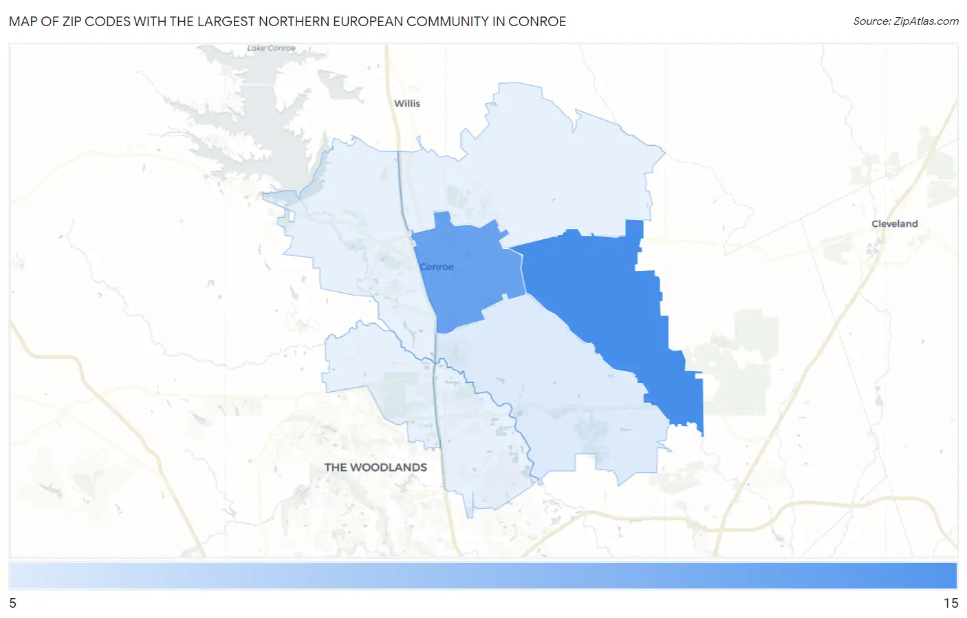 Zip Codes with the Largest Northern European Community in Conroe Map