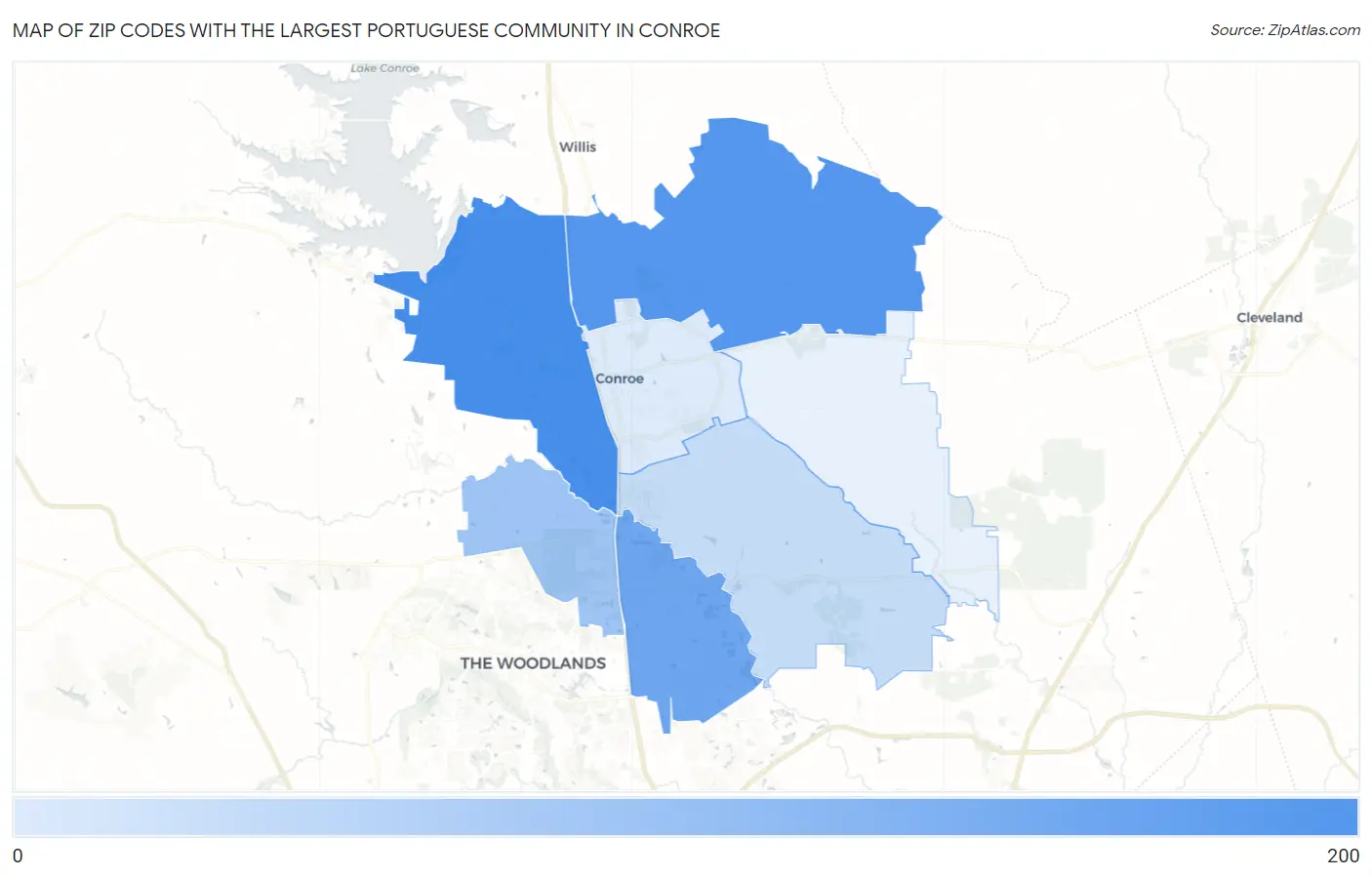 Zip Codes with the Largest Portuguese Community in Conroe Map