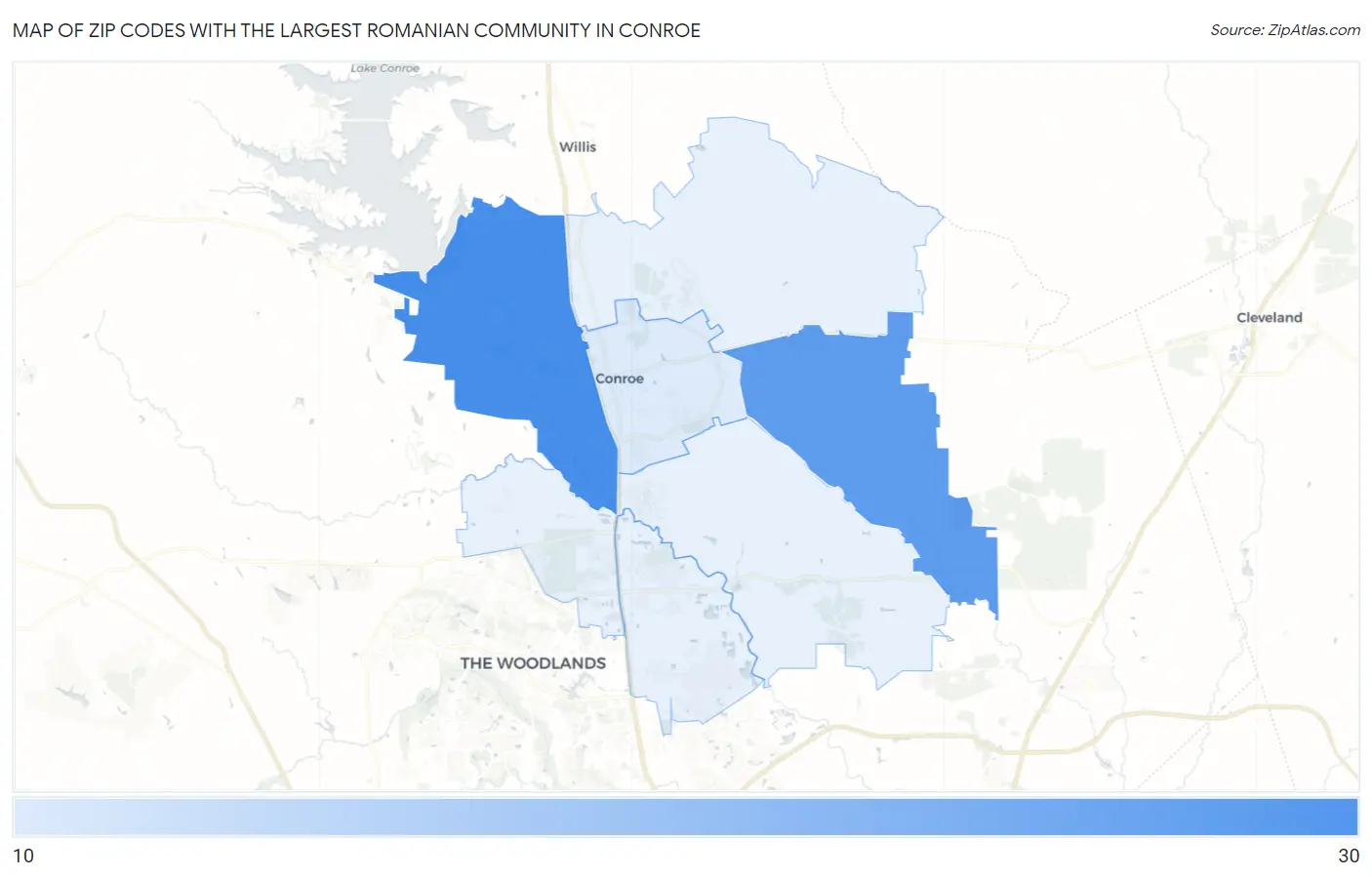 Zip Codes with the Largest Romanian Community in Conroe Map