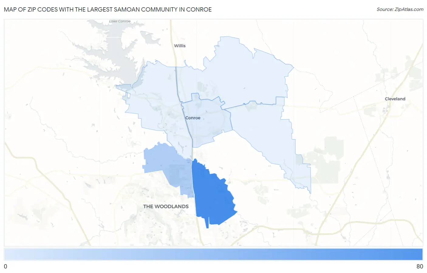 Zip Codes with the Largest Samoan Community in Conroe Map