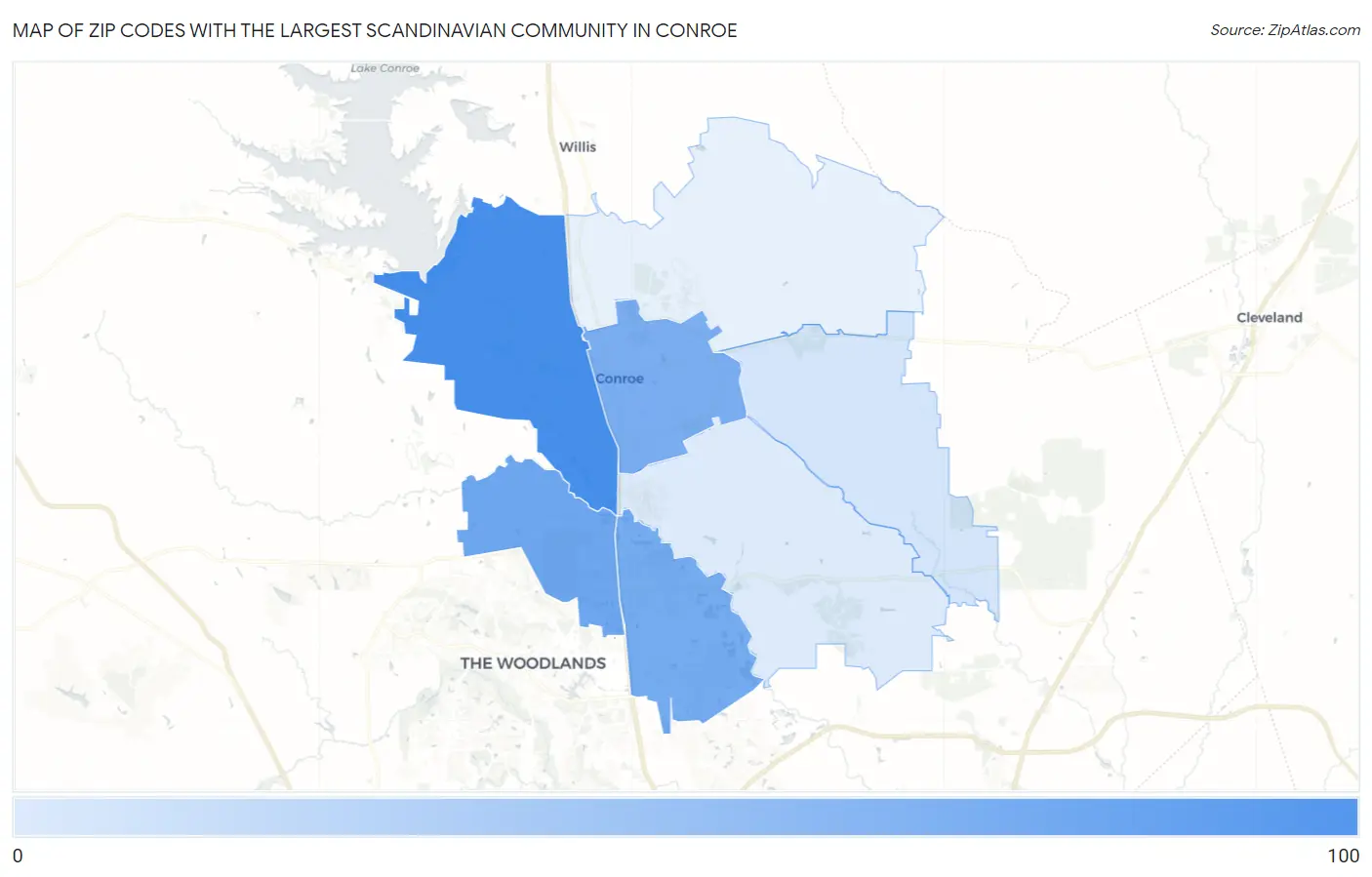 Zip Codes with the Largest Scandinavian Community in Conroe Map