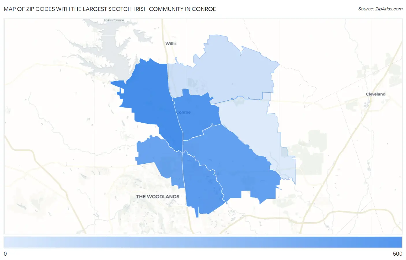 Zip Codes with the Largest Scotch-Irish Community in Conroe Map