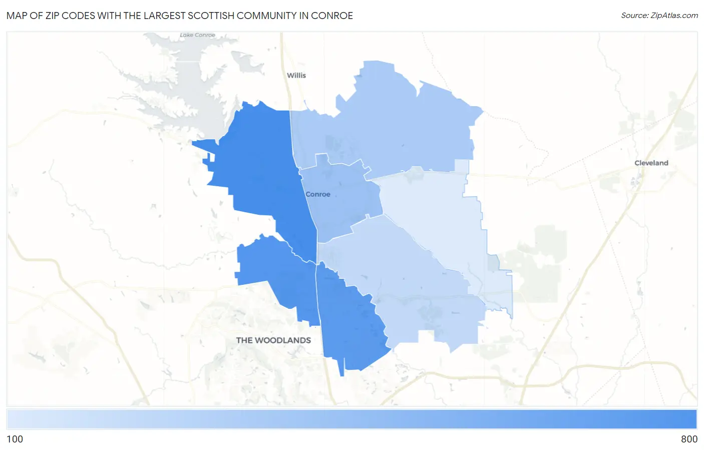 Zip Codes with the Largest Scottish Community in Conroe Map