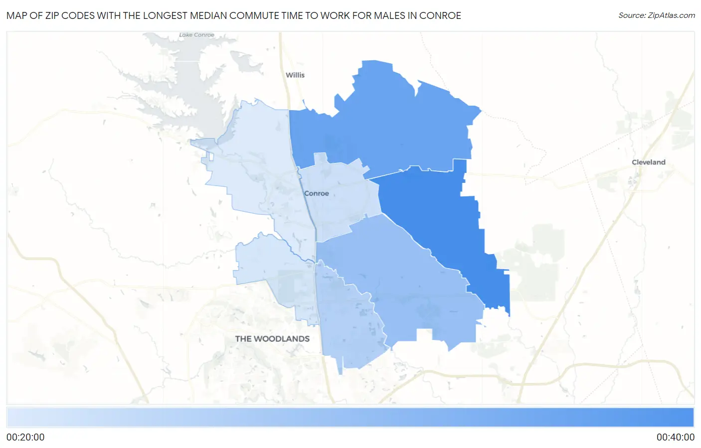Zip Codes with the Longest Median Commute Time to Work for Males in Conroe Map