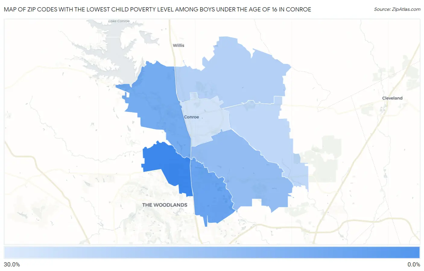 Zip Codes with the Lowest Child Poverty Level Among Boys Under the Age of 16 in Conroe Map