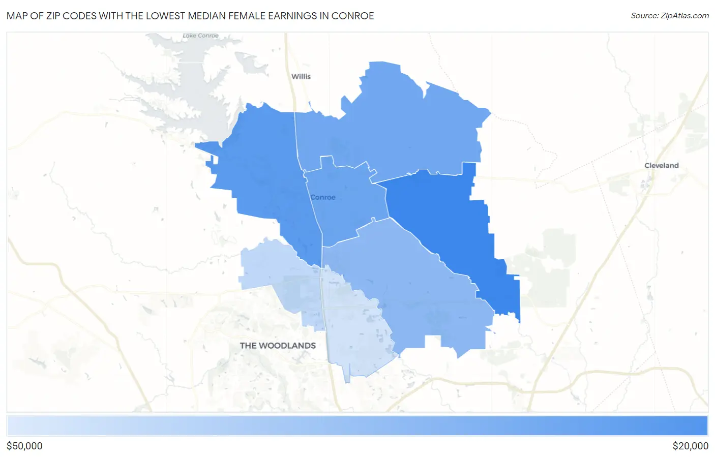 Zip Codes with the Lowest Median Female Earnings in Conroe Map