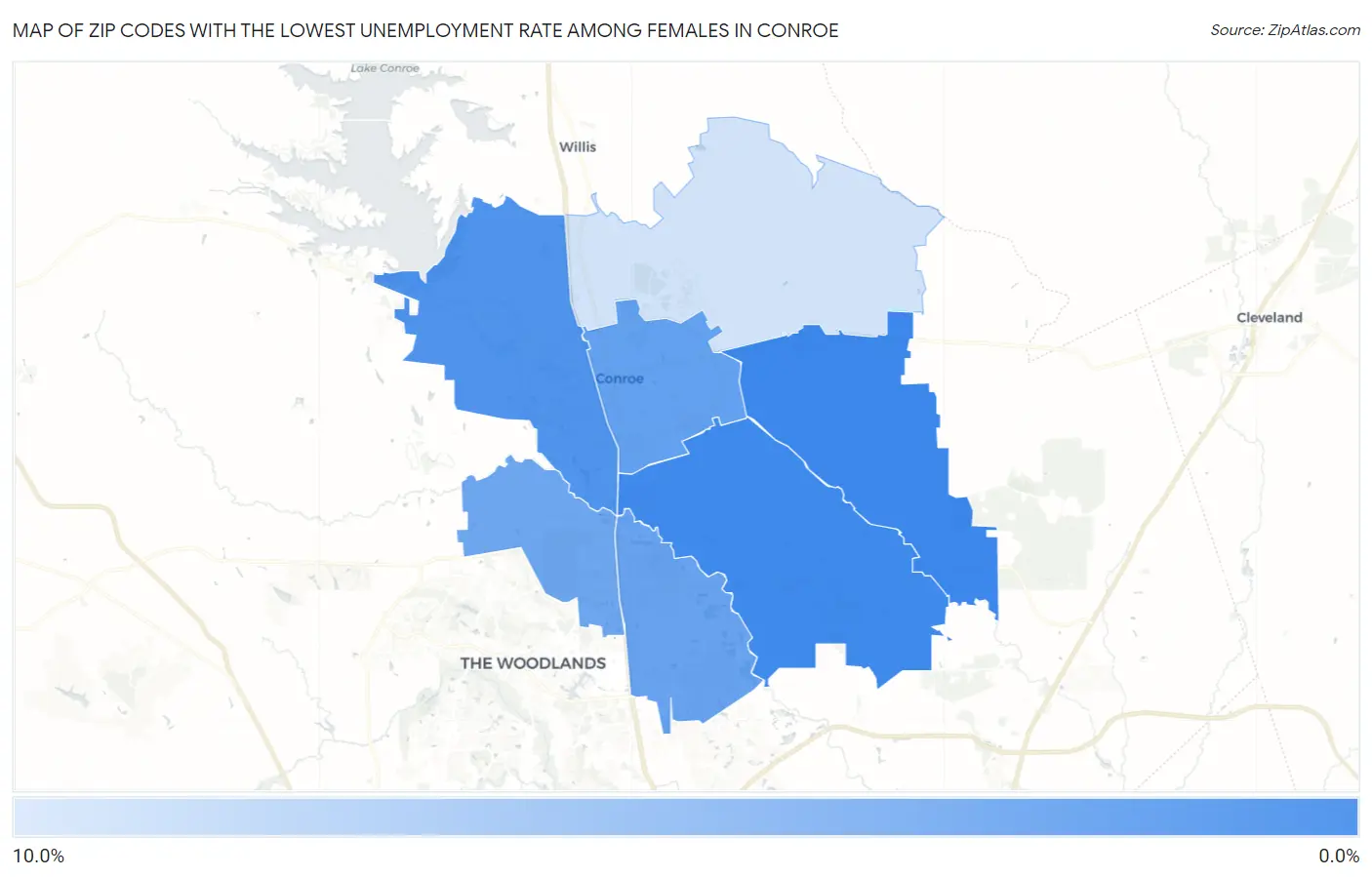 Zip Codes with the Lowest Unemployment Rate Among Females in Conroe Map