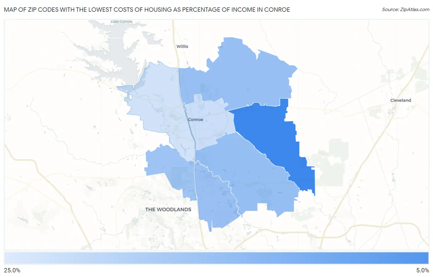 Zip Codes with the Lowest Costs of Housing as Percentage of Income in Conroe Map