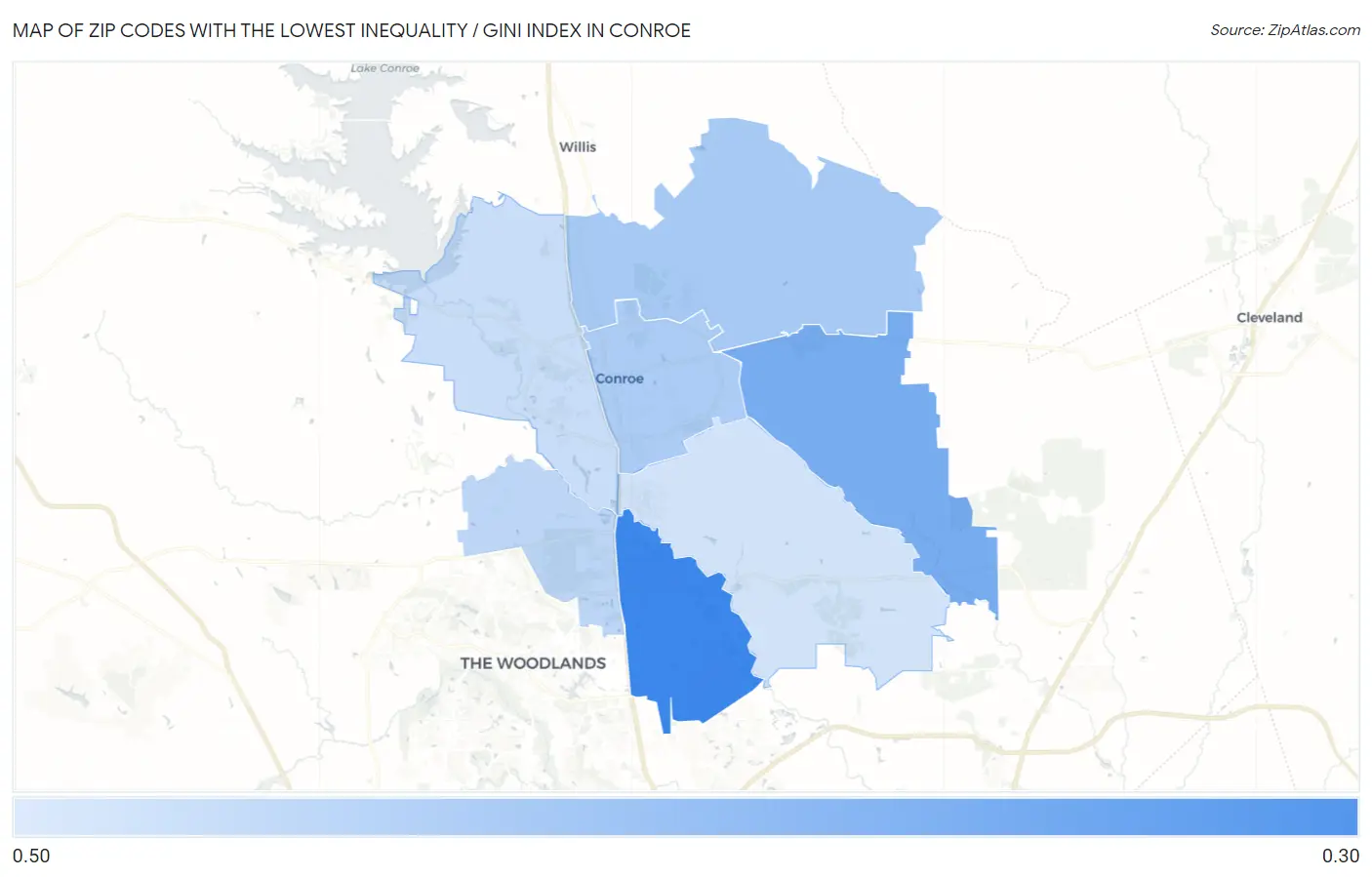 Zip Codes with the Lowest Inequality / Gini Index in Conroe Map