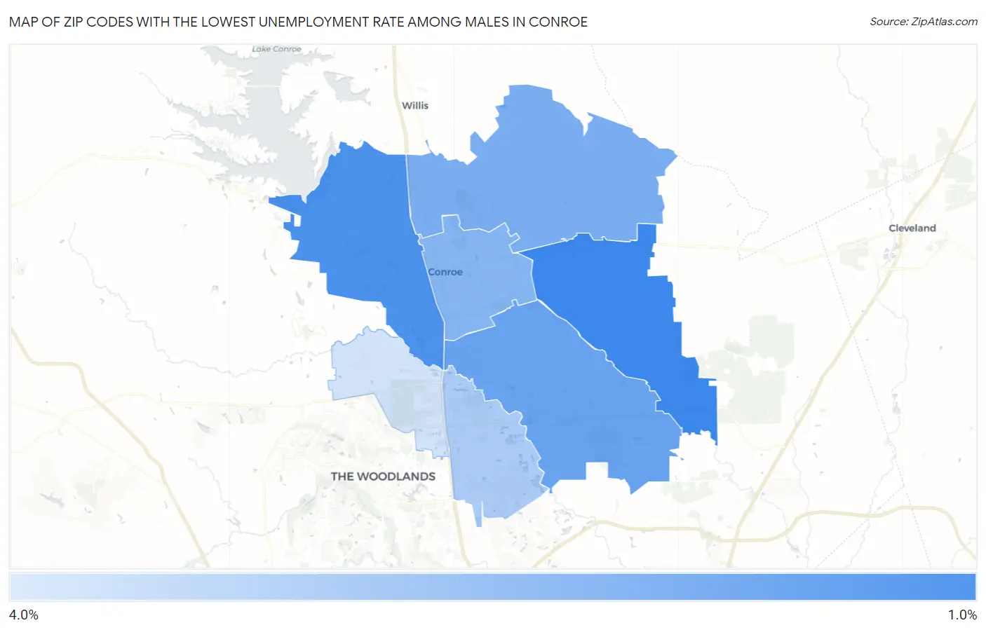 Zip Codes with the Lowest Unemployment Rate Among Males in Conroe Map