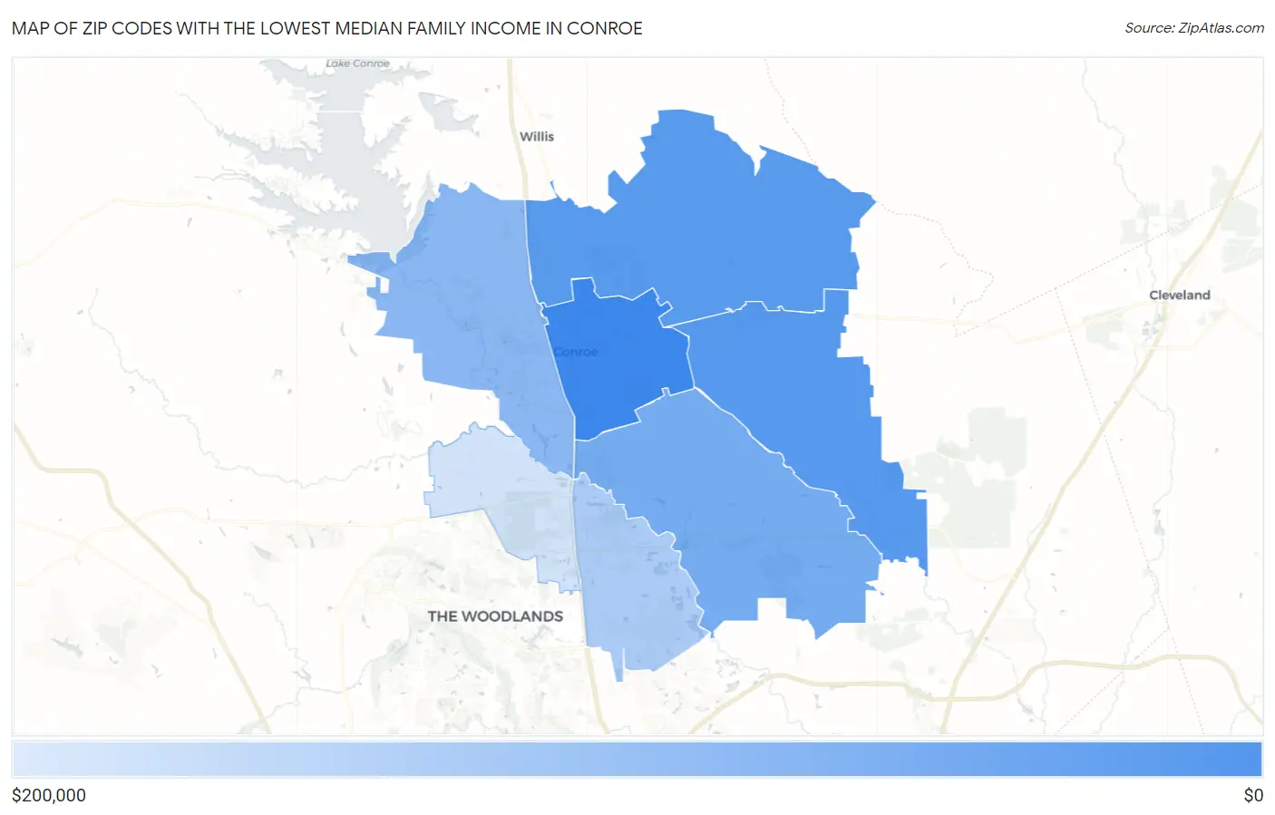 Zip Codes with the Lowest Median Family Income in Conroe Map