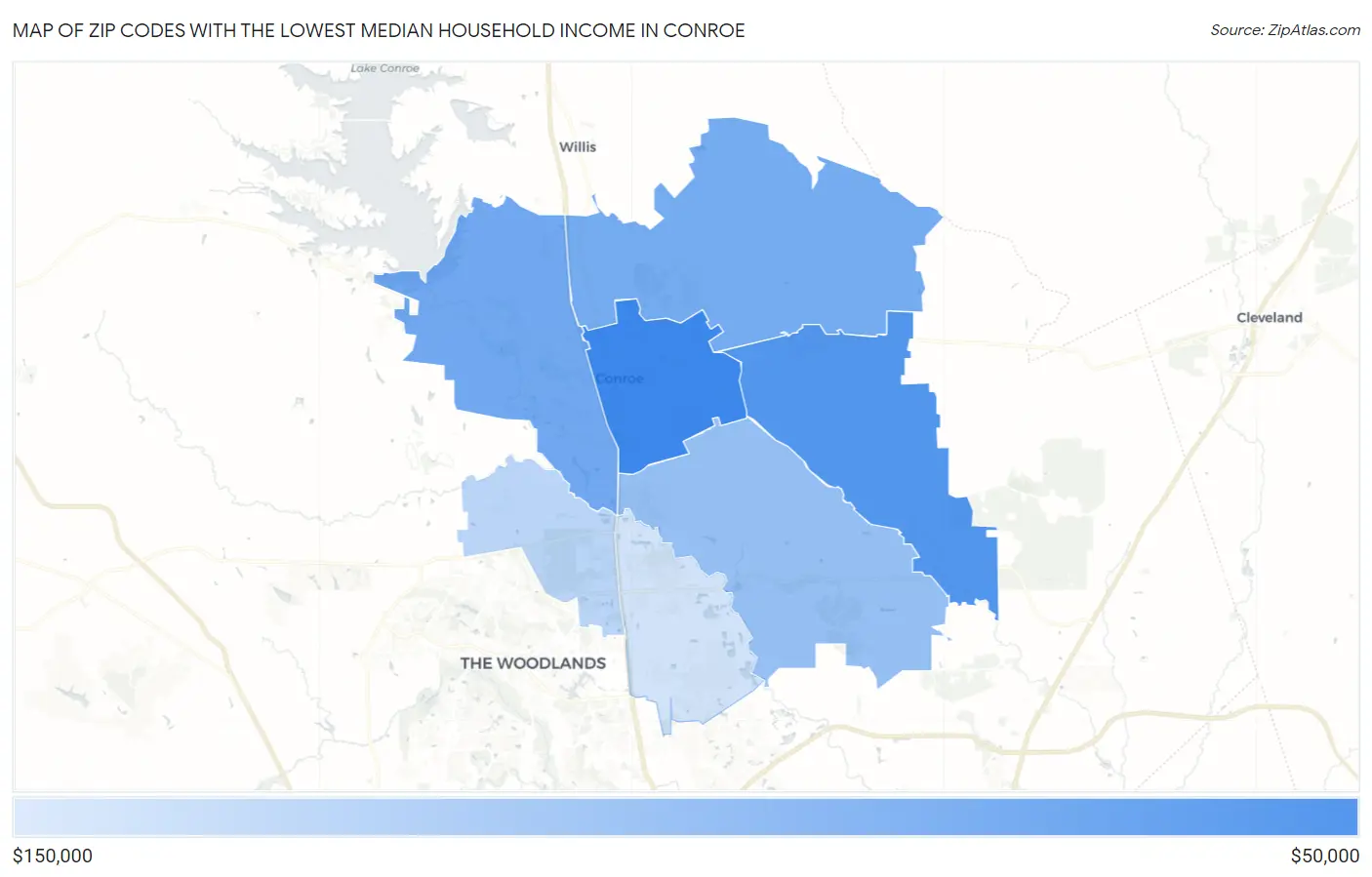 Zip Codes with the Lowest Median Household Income in Conroe Map