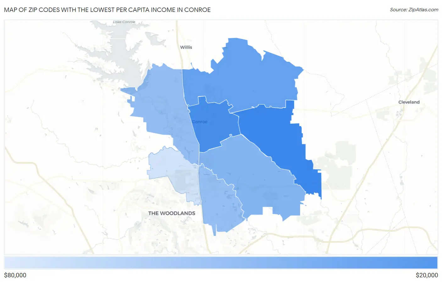 Zip Codes with the Lowest Per Capita Income in Conroe Map